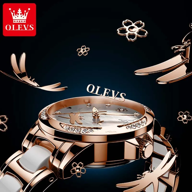 OLEVS Ladies Watch Ceramic Steel Automatic Mechanical Watches Luxury Brand Fashion Waterproof Dragonfly Wristwatches For Women enlarge