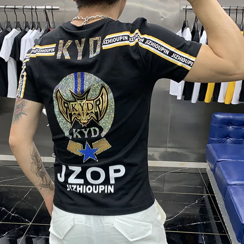 

Мужская футболка стразы, трендовые Новые повседневные хлопковые дышащие удобные высококачественные футболки с коротким рукавом и воротни...