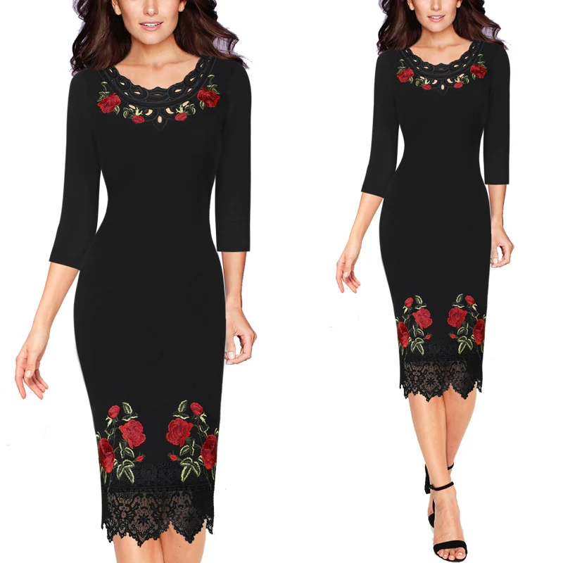 Black Three Quarter Vfemage женское вязаное кружевное платье с цветочной вышивкой, деловые Коктейльные Вечерние платья для особых случаев, облегающее платье-карандаш 1228 - Цвет: Black Three Quarter