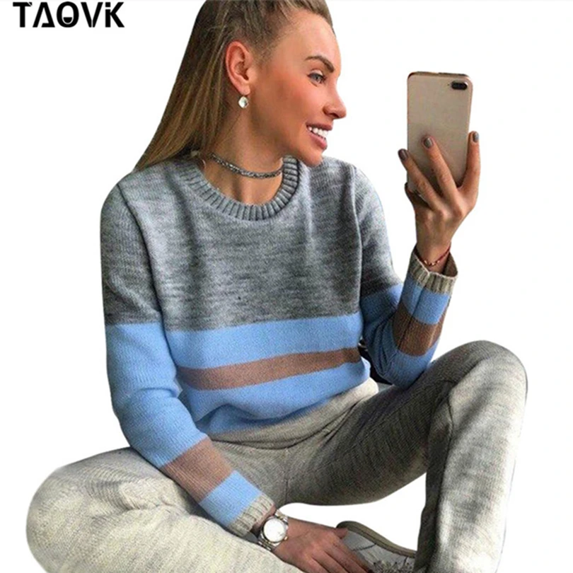 TAOVK, удобный женский свитер, костюмы, вязаный спортивный костюм, многоцветные, с вырезами и шитьем, джемпер, пуловеры+ штаны, комплект из двух предметов, наряды
