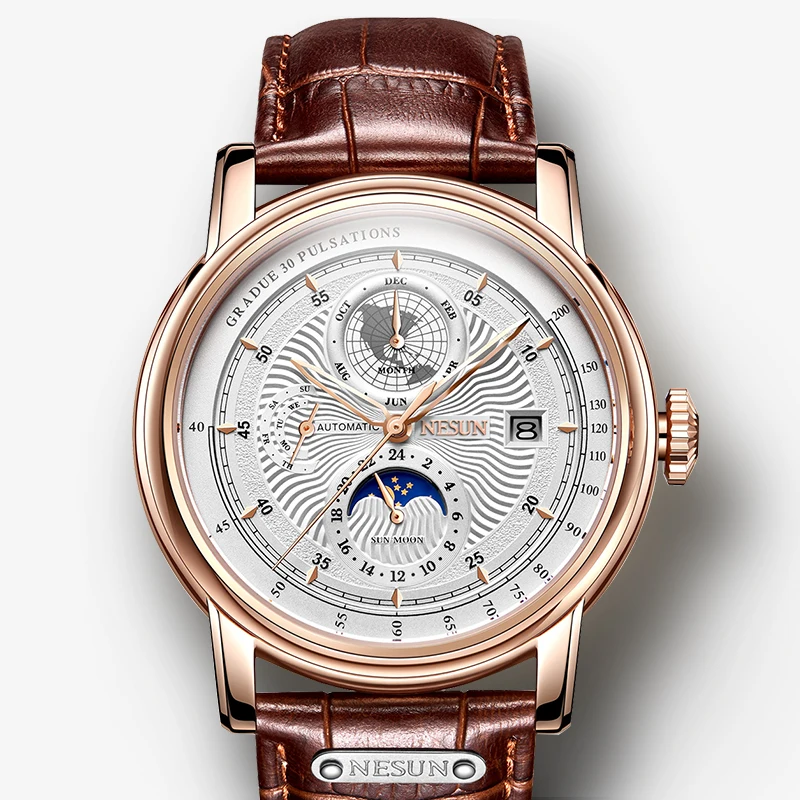 

NESUN Fashion Men‘s Watch Moon Phase Automatic Mechanical Watches Sports Wristwatch Waterproof Leather Watch Men