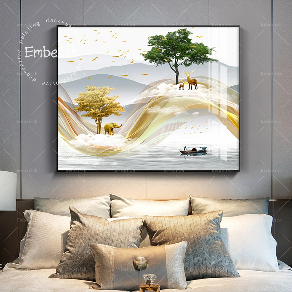 

Embelish Golden Deer Abstract Mountain Tree Boat Landscape Wall Pictures For Living Room Home Decor Posters HD Canvas Paintings
