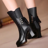 2021 autumn winter high boots cotton shoes fashion black rivet women thick heel platform plus velvet mid calf riding long boots
