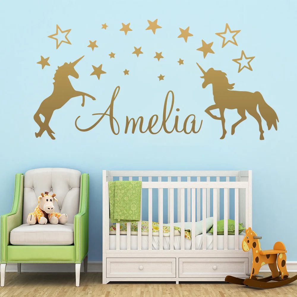 

Personalised Unicorn Wall Stickers Custom Name Decals Removable Vinyl Wall Sticker For Kids Girls Room pegatina pared unicornio