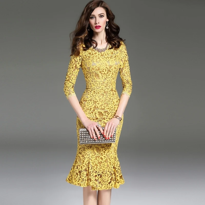 Весна лето 2020 элегантное женское кружевное желтое облегающее платье винтажные