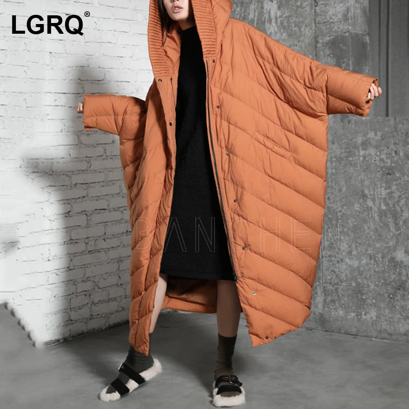 

[LGRQ] пальто с рукавами летучая мышь модный стиль свободный и повседневный тренд для женщин Супер длинная блестящая пуховая куртка с капюшон...