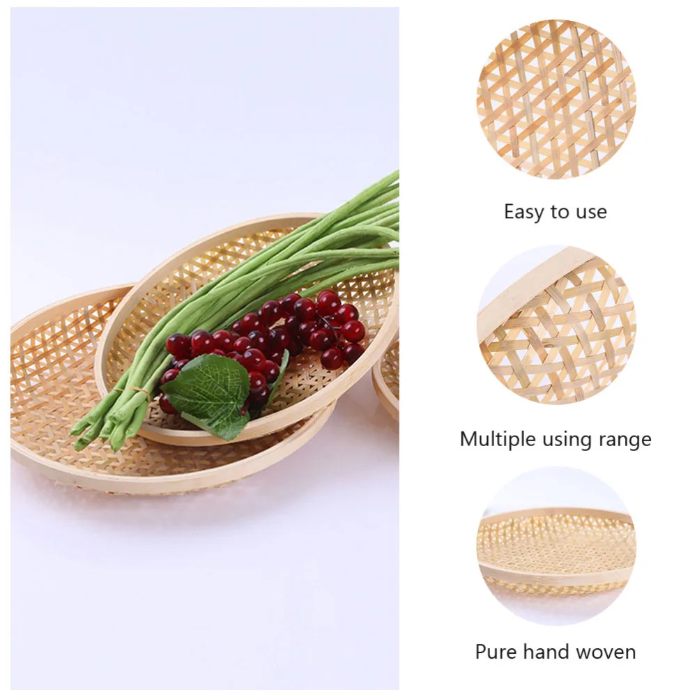 

3pcs Bamboo Woven Tray Bread Fruit Tray Food Storage Container (Bamboo)