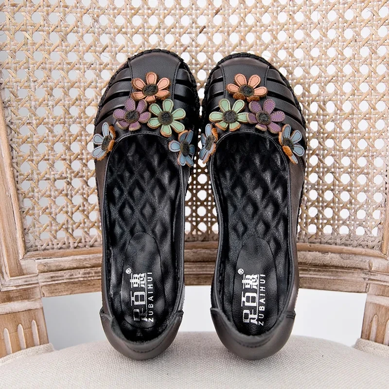 

Vintage Flower Hollow Out Flats Purple Women's Shoes Genuine Leather Loafers For Women Wide Moccasin Flat Shoes Sandales Ladies