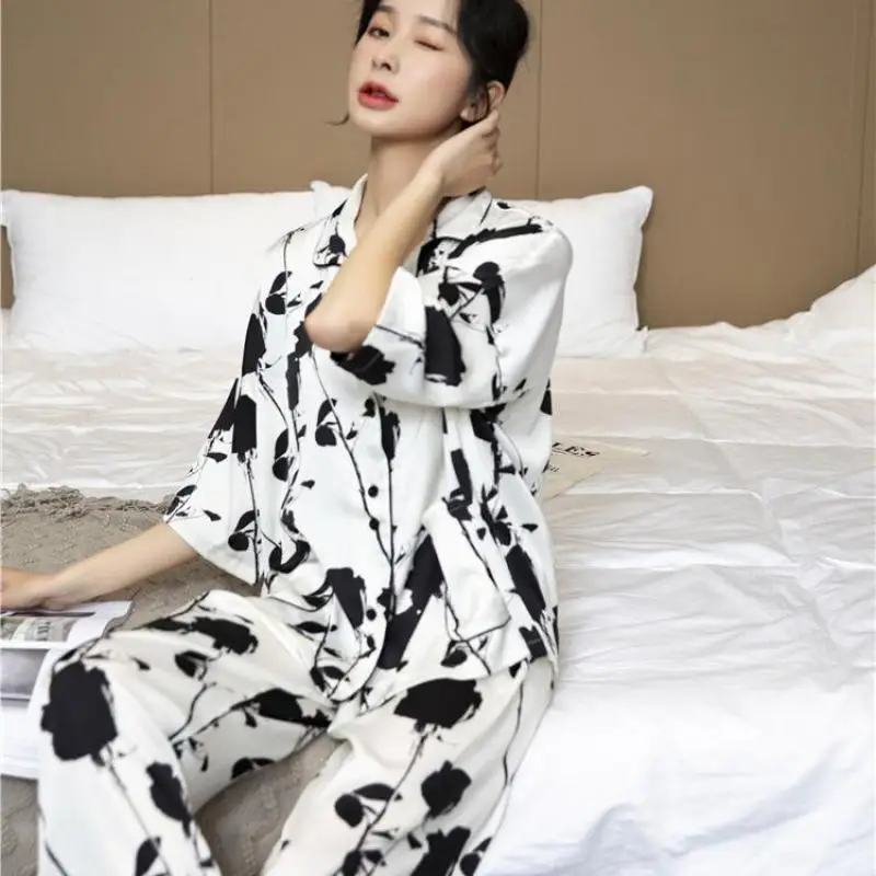 

Novelty Female Nightwear Casual Spring New Pajamas Suit Sexy Sleepwear 2PCS Homewear Black Print Flower Pyjamas Nightgown