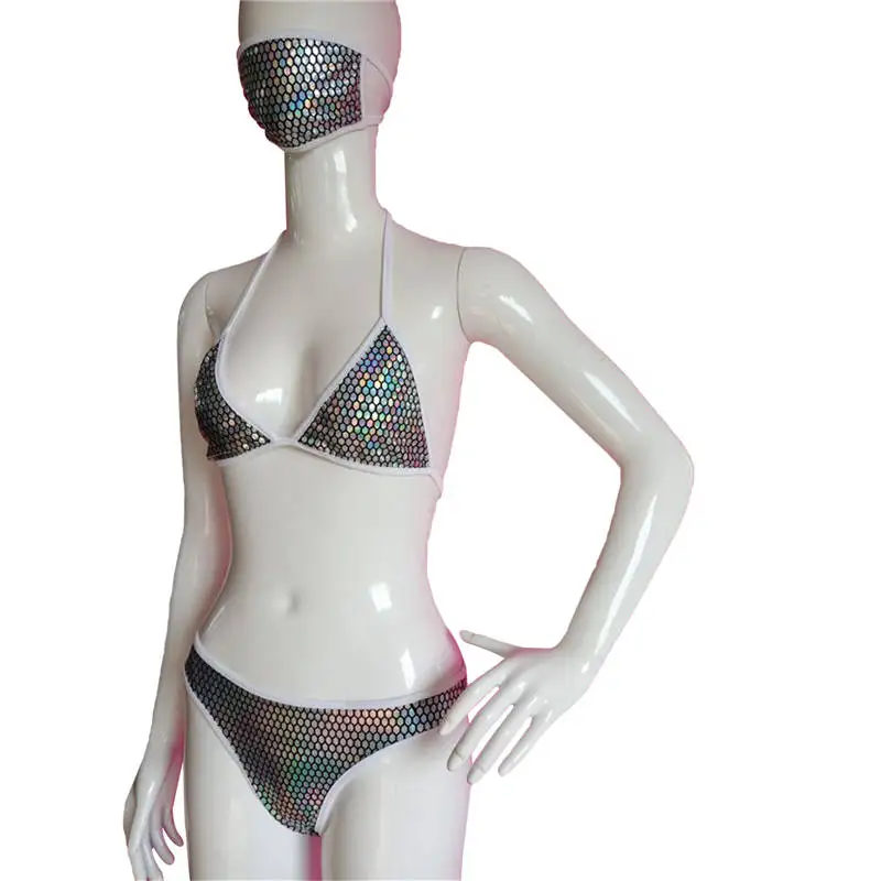 

Women Colorful Three-piece Bathing Suit, Sexy Spaghetti Strap Halter Bra Tight Briefs and Mouth Mask Set