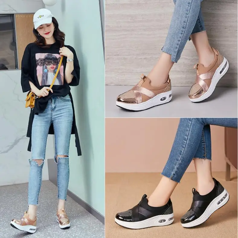 

Women Platform Sneakers Fashion 2021 Autumn Casual Comfortable Slip on Height Increasing Thick Bottom Shake Shoes Ladies Flats