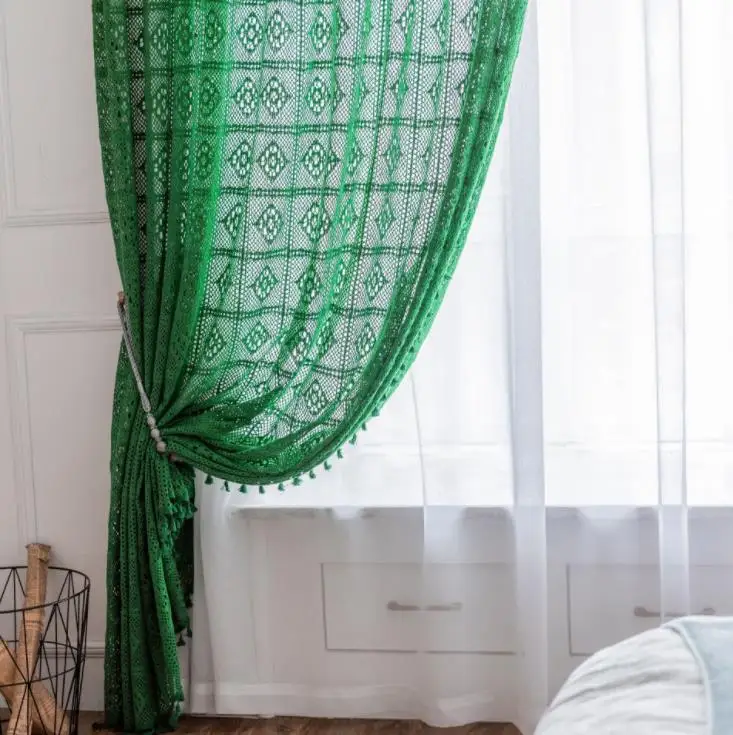 Green with tassels Yvonicky хлопчатобумажная занавеска s для спальни кремового цвета, кружевная занавеска, занавески для окна, кружевная панель, вязаная занавеска для гостиной, кафе - Цвет: Green with tassels