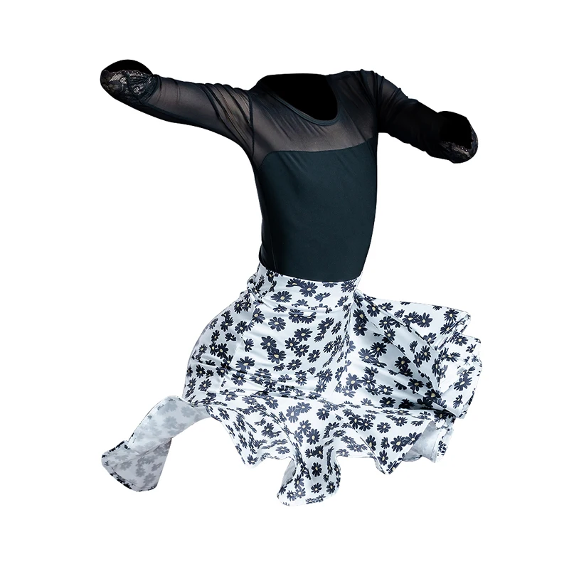 

Girl's Latin Dress Kids Dance Practice Clothes Lace Mesh Sleeve Tops Daisy Latin Skirt Cha Cha Samba Rumba Class Outfit BL4920