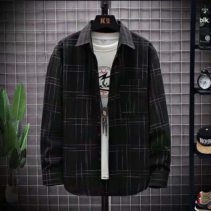 Spring And Autumn New Men's Shirt Loose Large Size Japanese Retro Plaid Long-sleeved Shirt Sanded Coat Hong Kong Style Top