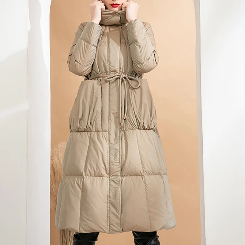 SofBeauForY Winter 2021 New Style Big Pendulum Showing Thin Black Mid-length White Duck Down Jacket Women