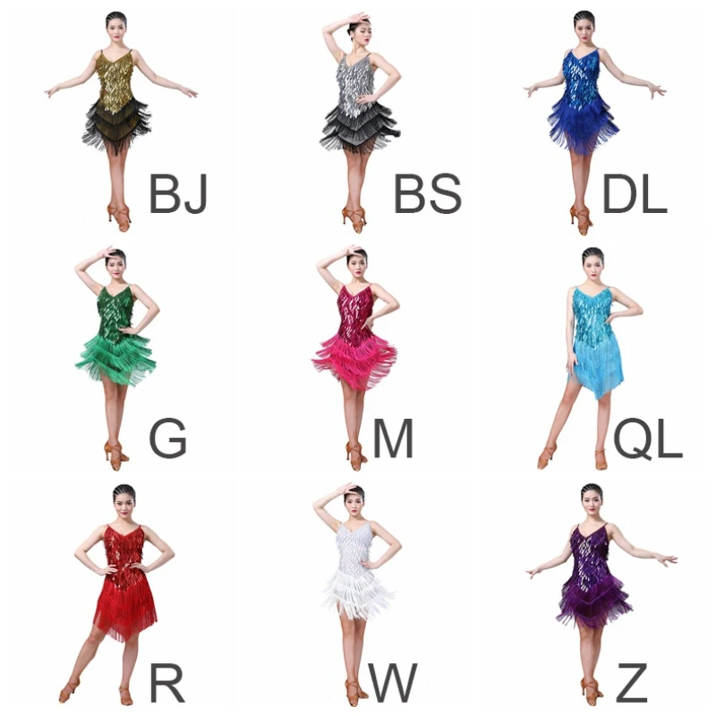 

Ladies Drop Sling Deep V-Neck Sequined Skirt Multi-Layer Fringed Skirt Latin Dance Performance Clothing