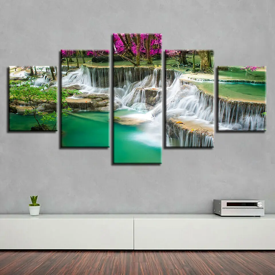 

Green Lake Waterfall Forest 5 Panel Canvas Picture Print Wall Art Canvas Painting Wall Decor for Living Room Poster No Framed