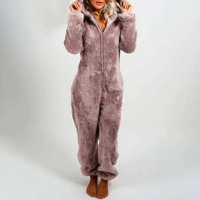 Winter Women Onesies Solid Warm Pyjamas Fleece Jumpsuits Sleepwear Overall Cute Bear Hooded Pajamas For Nightwear Homewear |