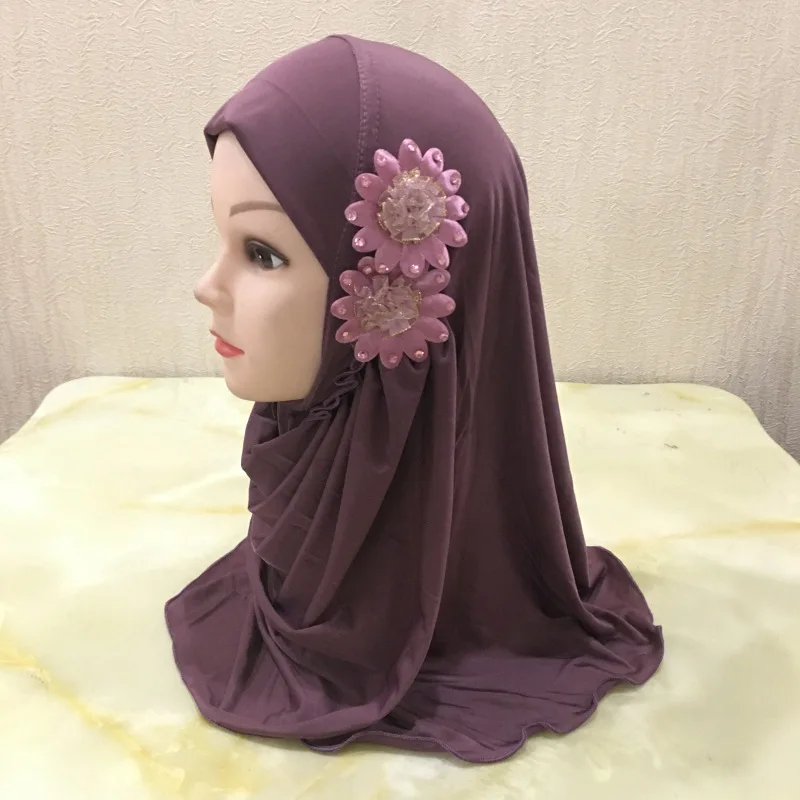 Muslim Girls Hijab Scarf with Flower Appliques Islamic Kids Plain Turban Head Wrap Shawls Elastic Kid Burqa for 2-7 Years Old |