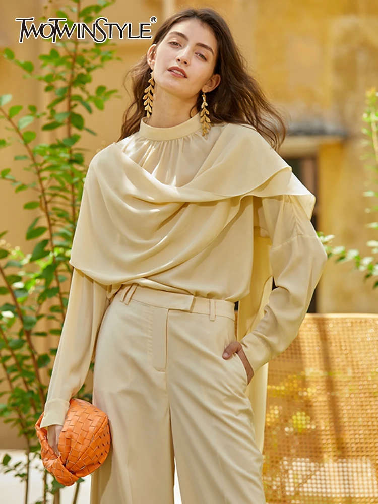 

TWOTWINSTYLE, Желтые Повседневные рубашки для женщин, простые, с воротником-стойкой, с длинным рукавом, асимметричные, свободные к низу блузки для ...