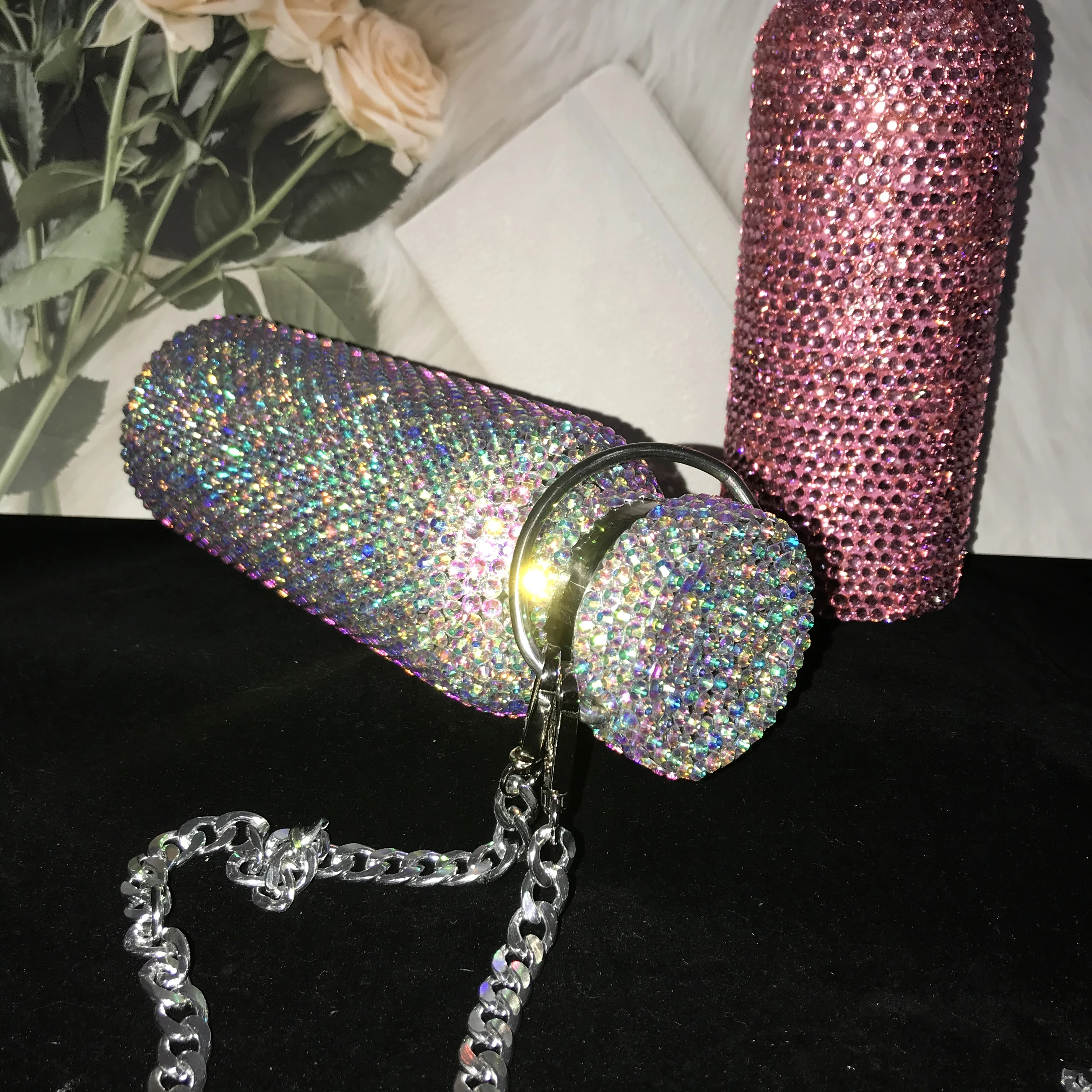 Цветной Алмазный термос с цепочкой на плечо бутылка для воды из нержавеющей