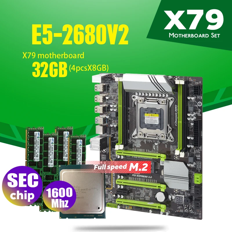 Материнская плата X79 Turbo LGA2011 ATX combos E5 2680 V2 4 шт. x 8 ГБ = 32 Гб 1600 МГц PC3 12800R PCI E NVME M.2 SSD USB3.0