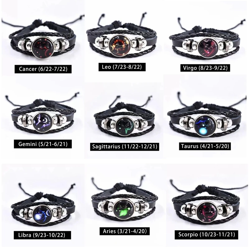 

Liwore Luminous Twelve Constellation Couple Woven Leather Bracelet For Men Multilayer Leather Unisex Bracelet Wristband Jewelry