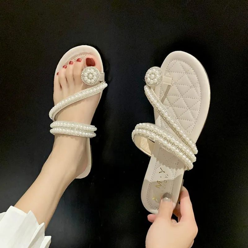 Fashion Slippers Women Summer New Outside String Bead Vacation Beach Shoes Toe Square Heel Slides Low 1cm-3cm Solid High Quality