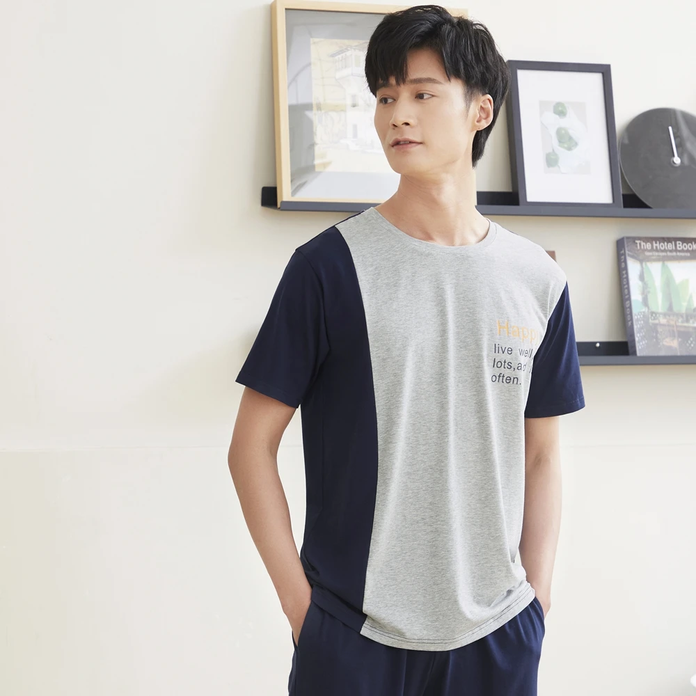 

Conlia Men's Pajama Short Sleeve Cotton Fashion Patchwork Sleepwear Plus Size Tops Pants Suit 2020 Lounge Set
