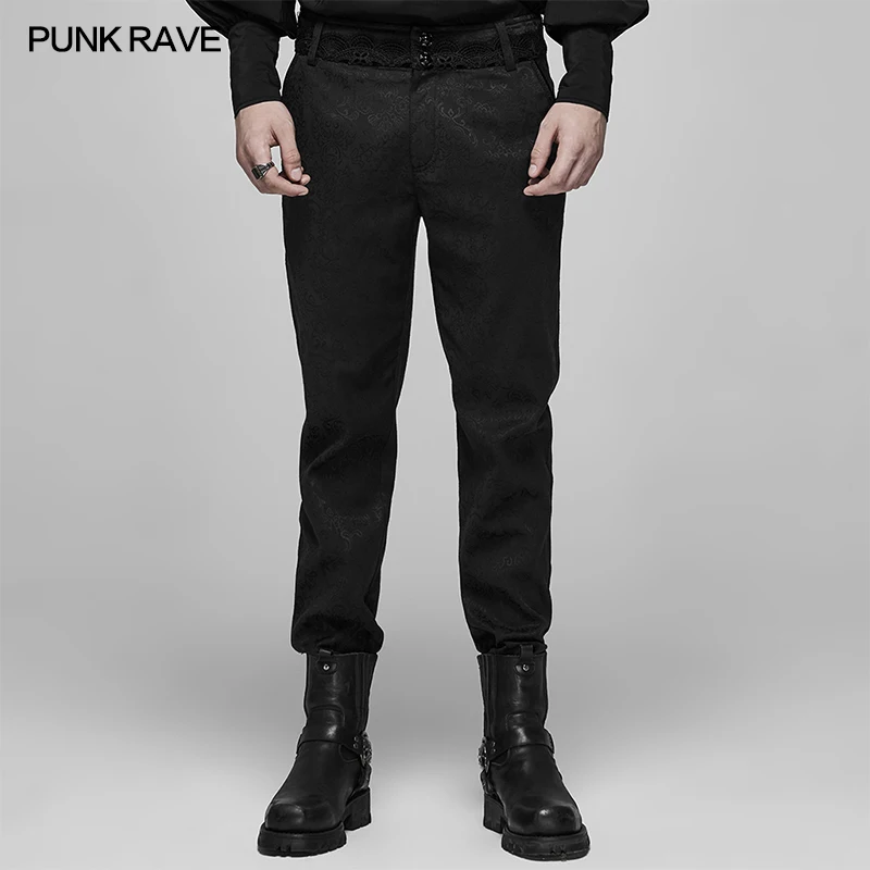 PUNK RAVE Men's Gothic Dark Jacquard Blood Pants Waist Delicate Lace Party Dinner Club Wedding Black Trousers Men