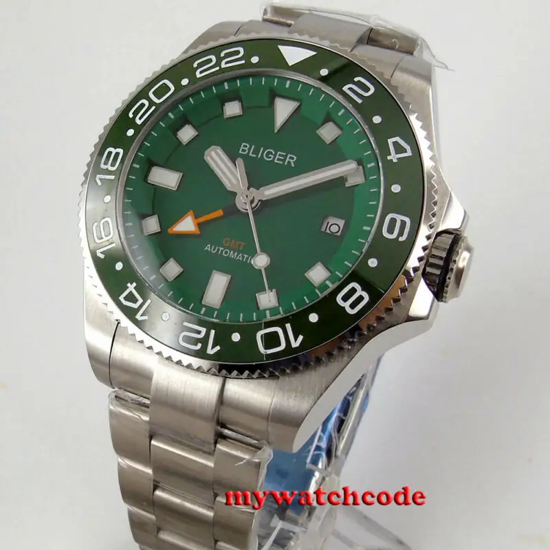 43mm bliger green dial sapphire glass GMT automatic mens watch ceramic bezel