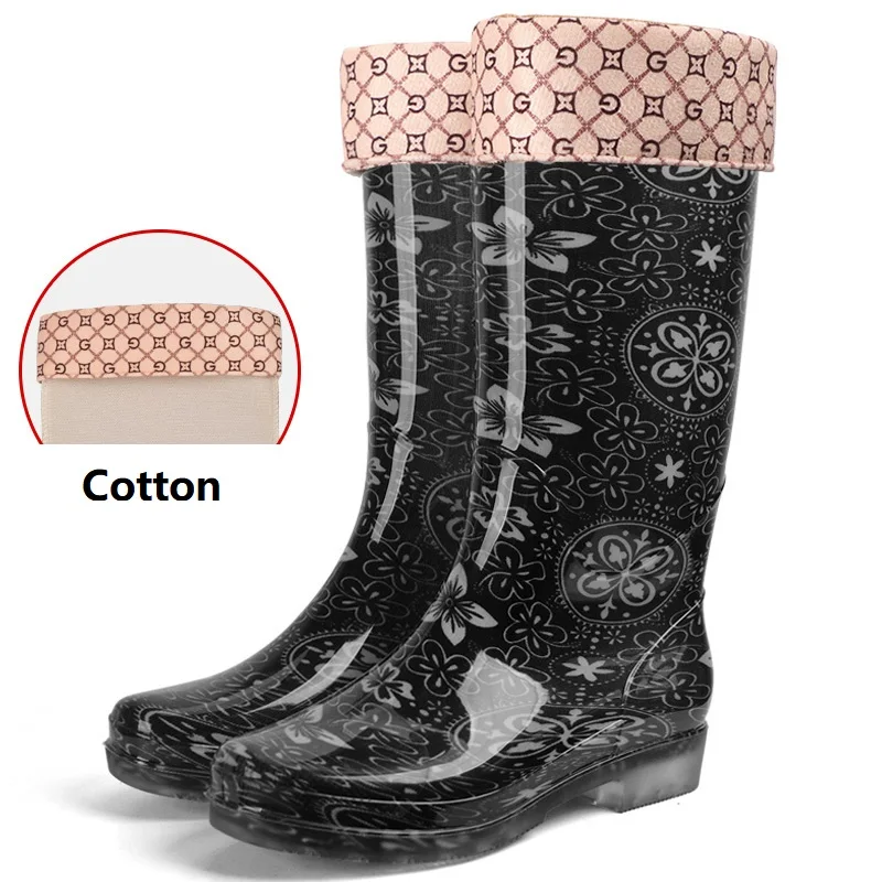 black flower cotton Aleafalling/ г. Новые женские непромокаемые сапоги низкая водонепроницаемая обувь из ПВХ зимние Нескользящие теплые резиновые ботинки 36-41 - Цвет: black flower cotton