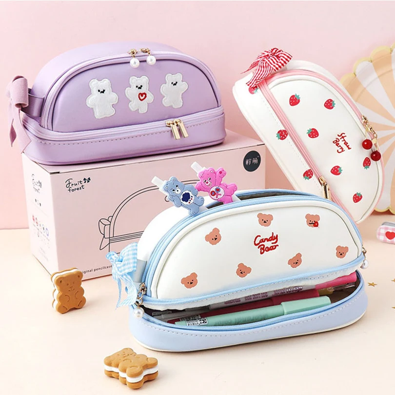 

School Pencil Cases Cute Pencil Case Japanese Stationery for Girls Leather Pen Case Strawberry Large Capacity Kawaii Pencil Box
