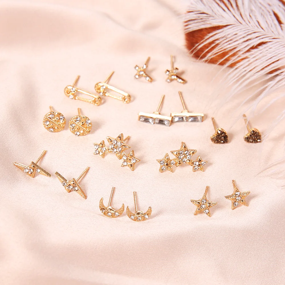 

9pcs/set Gold Color Crystal Stud Earring Set For Women Simple Cute Small Earrings 2021 New Fashion Korea Earrings Jewelry