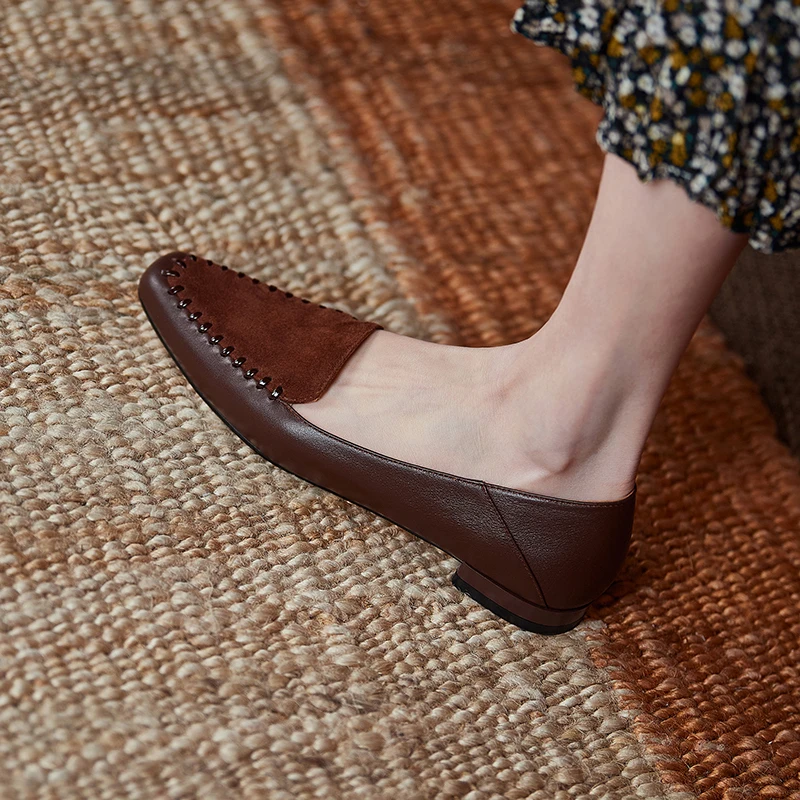 

Genuine Leather Women Shoes Spring Women's Shoes Slip-On Square Toe Shallow Pumps Casual Retro Low-heel Shoes for Women Handmade