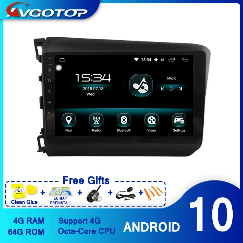 AVGOTOP Восьмиядерный Android 10 0 Автомобильный DVD плеер для HONDA 2012 2015 CIVIC LHD Встроенный 64