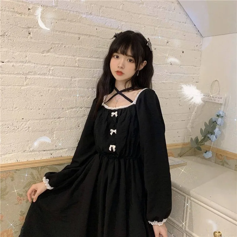 

Lolita gothic dress ladies black cute retro kawaii chiffon dress casual long sleeve Y2k dress new style 2021 ladies autumn