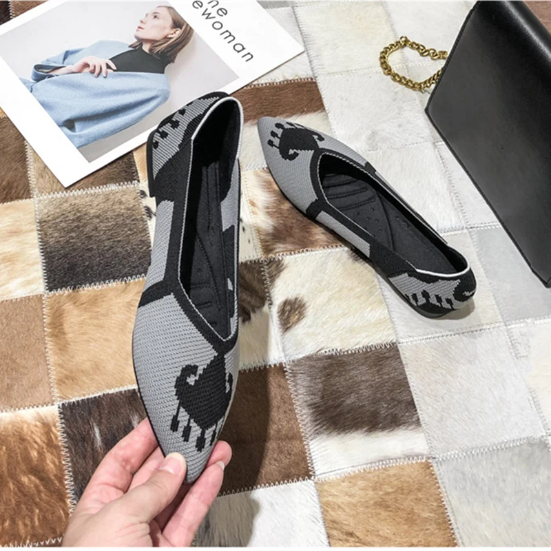 35-43 Casual Women Soft Shoes Breathable Knit Pointed Shoes Women's Flat Shoes Ballet Single Shoes Comfortable Pregnant Shoes