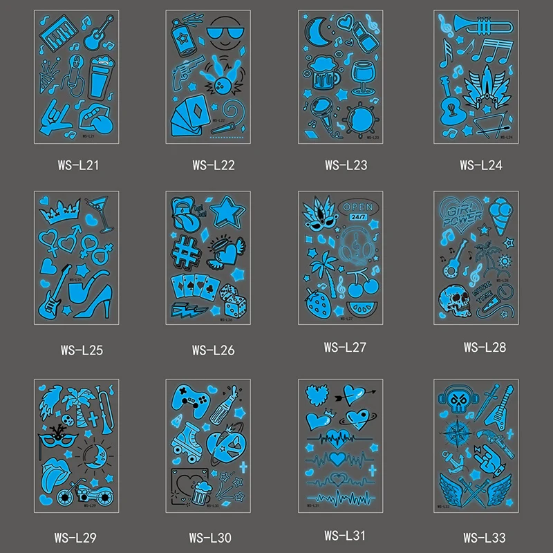 Синяя светящаяся Временная тату-наклейка для бара музыкального фестиваля