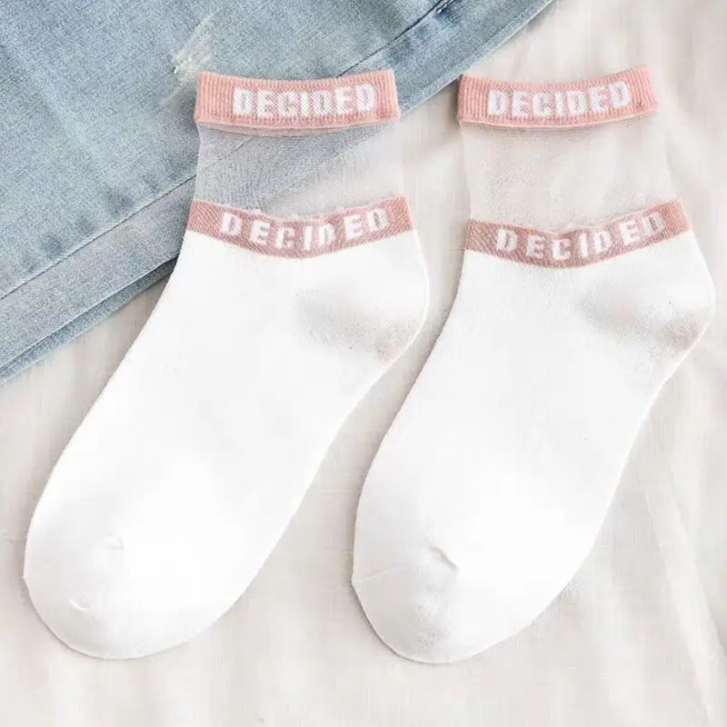 

5 Pairs Women Summer Letters Ankle Socks Striped Sheer Glass Fiber Short Hosiery X5XD