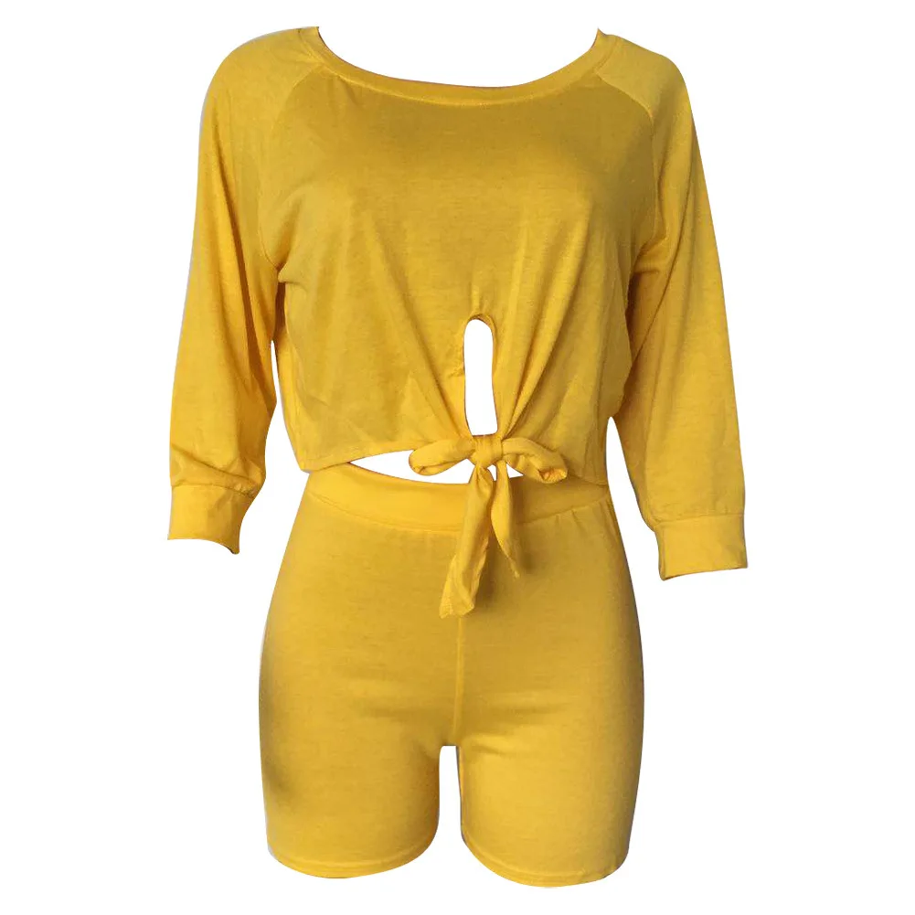 yellow HAOYUAN, неоновый сексуальный комплект из двух предметов, спортивный костюм, женская одежда, укороченные топы и байкерские шорты, спортивный костюм, 2 шт., подходящие комплекты, праздничная одежда - Цвет: yellow