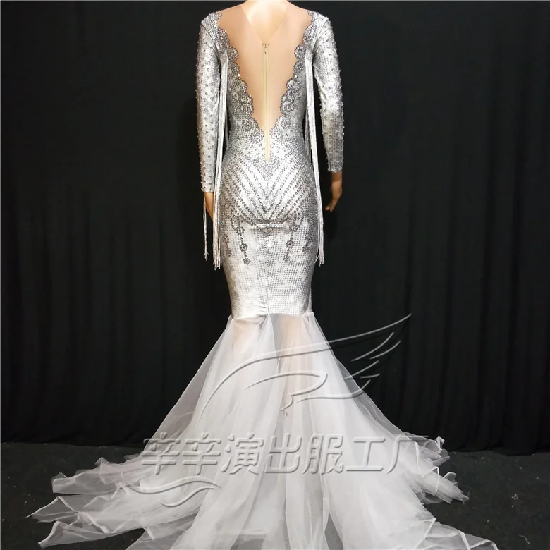 Женское длинное Сетчатое платье Белое Облегающее Платье с блестящими камнями