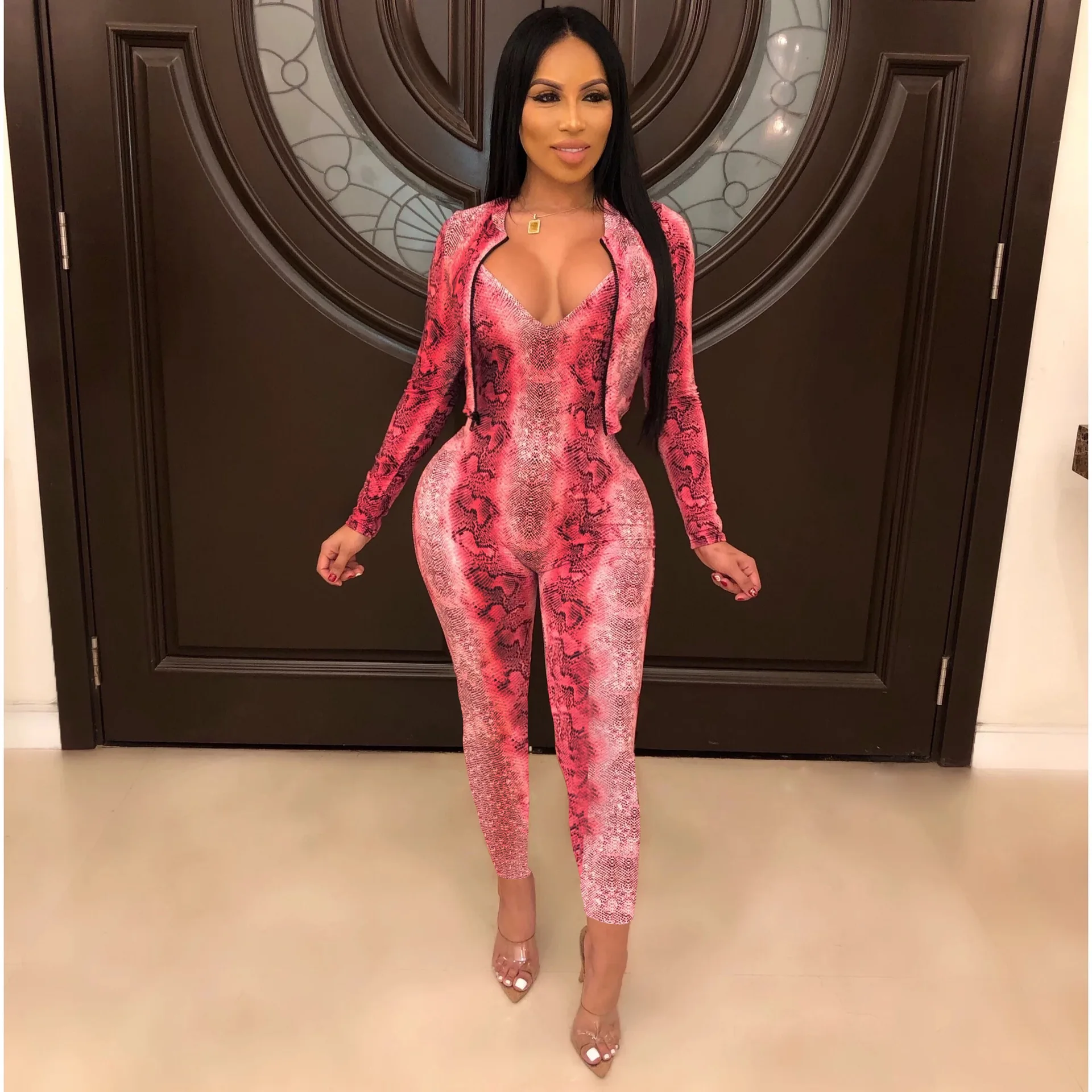 Женский костюм боди короткое пальто два предмета модный сексуальный из змеиной