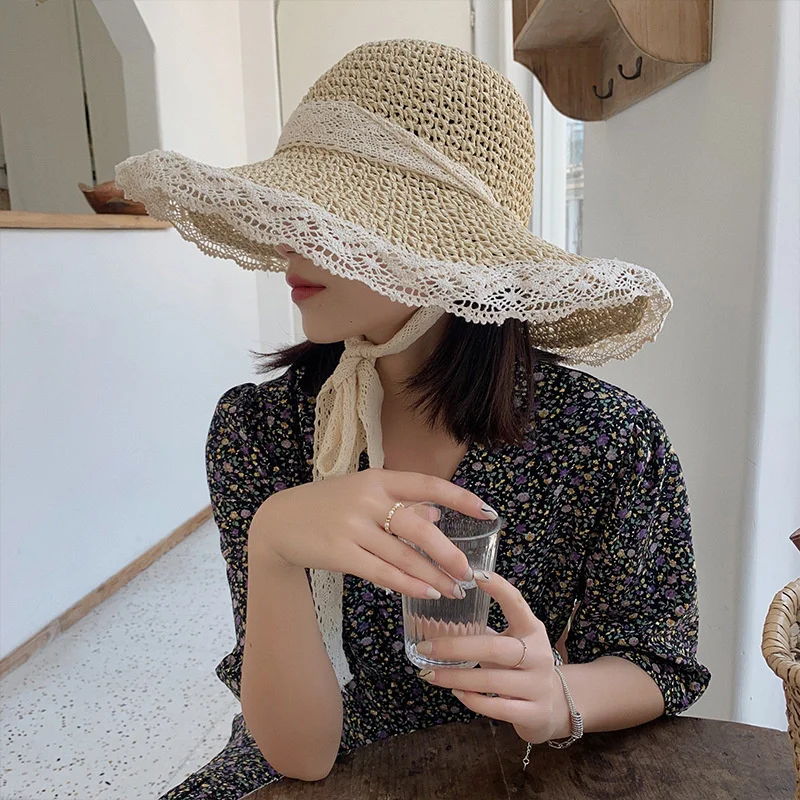 

New Summer Straw Hat Lace Beach Hats Women Korean Windproof Rope Travel Wide Brim Sun Cap Elegant Lolita Bucket Caps Holiday