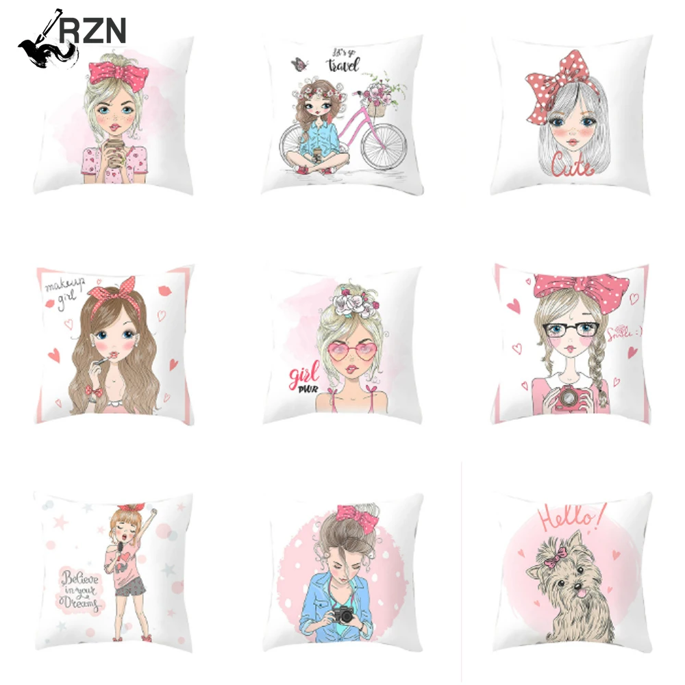 

Cartoon Pretty Girl Print Cushion Cover Polyester Decorative Pillowcase Children Bedroom Home Decoration 45x45cm.Fundas De Cojin