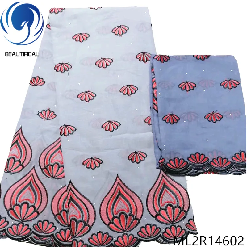 Красивые белые нигерийские хлопчатобумажные ткани фиолетовая вышивка