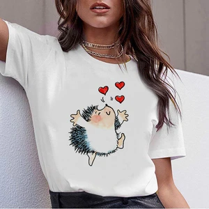 2021 Summer New T Shirt Female Hedgehog with Dandelion Tshirt Summer Short Sleeved White T-shirt Round Neck Oversized T-shirt