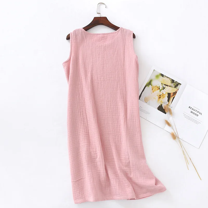 100% Crepe Cotton Nightgown Women's Pajama Dress Soft Sleepdress Nightshirt Tank Nightdress Sleeveless Sleepwear Sexy Sleepshirt