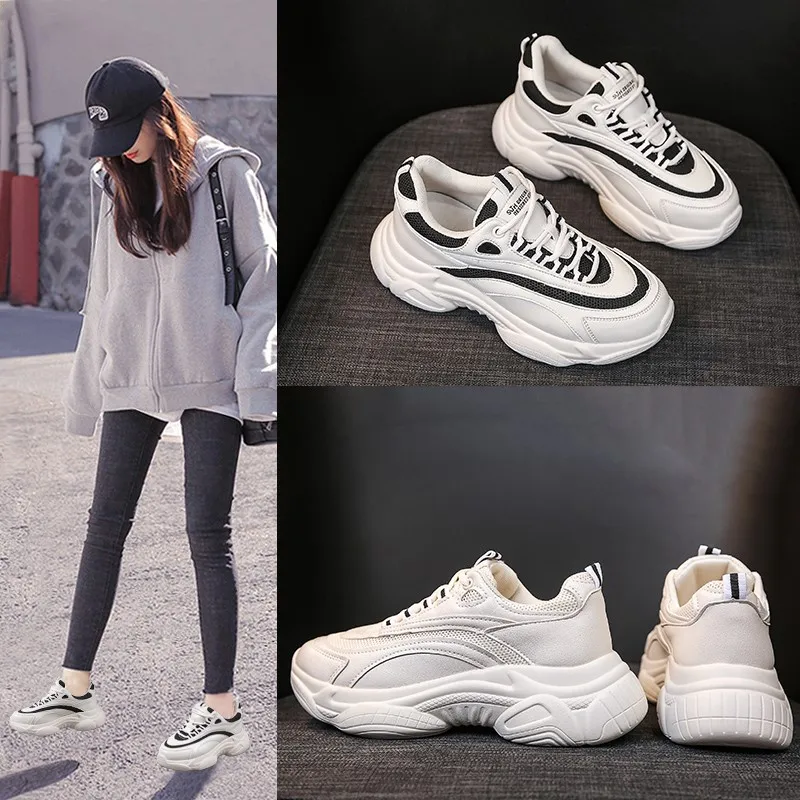 Новинка 2019 года белые женские кроссовки на массивном каблуке Повседневная