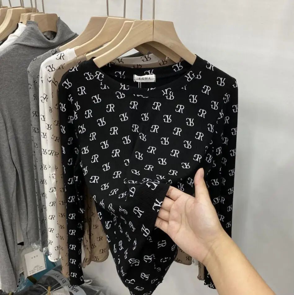 

Women Slim Shirt Turtleneck Letter printing Tops Long Sleeve Short T-Shirt Female Autumn Tops and Tees Short Casual Black T-shir